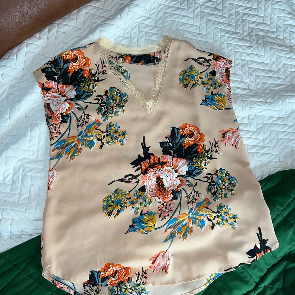 SHEIN Floral Lace Trim Blouse - Cream and Multicolor